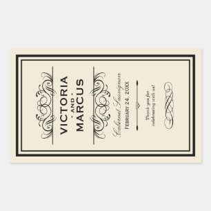 Black and Ivory Wedy Wine Bottle Monogram Fevor Rechteckiger Aufkleber