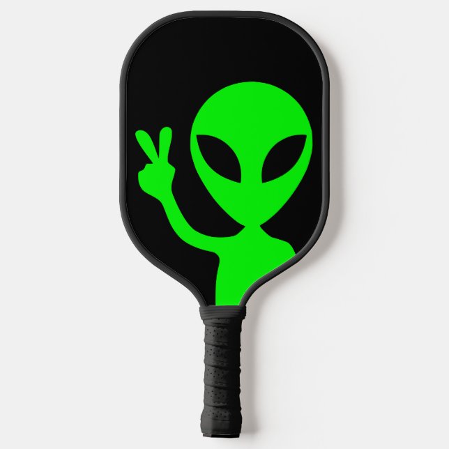 Black and Lime Green Alien Peace Sign Pickleball Schläger (Rückseite)