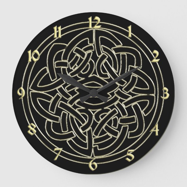 Black and Metallic Gold Celtic Knot Clock Große Wanduhr (Vorderseite)