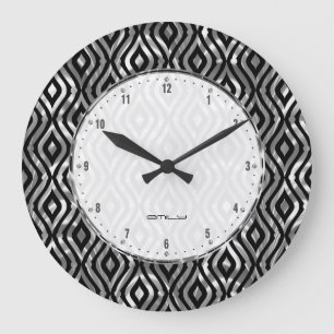 Black And Metallic Silver Geometric Pattern Große Wanduhr