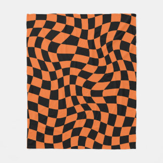 Black and Orange Psychedelic Checkered Groovy Grid Fleecedecke