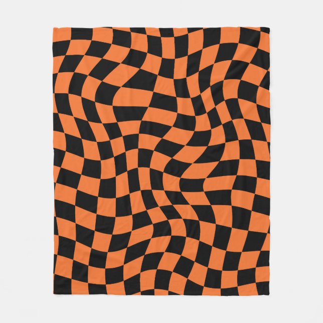 Black and Orange Psychedelic Checkered Groovy Grid Fleecedecke (Vorderseite)