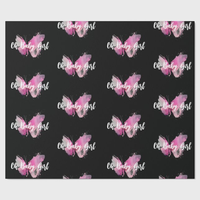 Black and Pink Butterfly Oh Baby Girl Geschenkpapier (Saum)