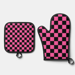 Black and pink checkerboard pattern ofenhandschuh & Topflappen-Set