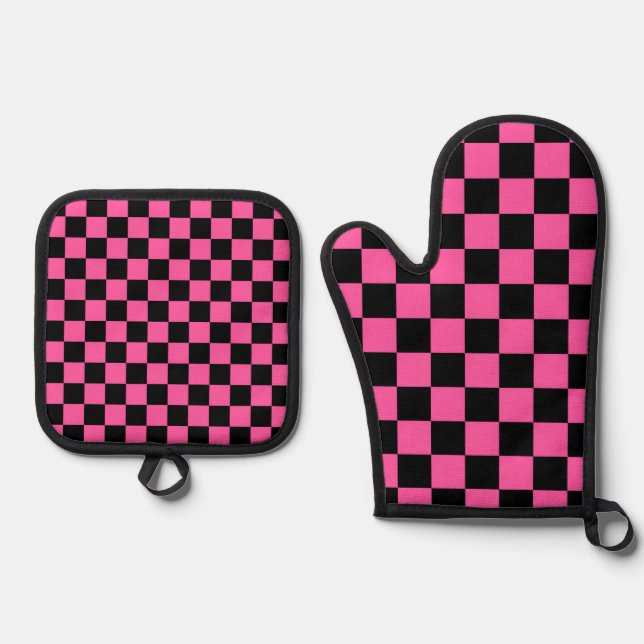 Black and pink checkerboard pattern ofenhandschuh & Topflappen-Set (Vorderseite)