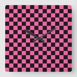 Black and pink checkerboard pattern quadratische wanduhr