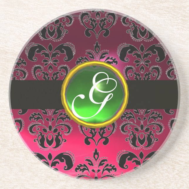 BLACK AND PINK DAMASK Green Emerald Monogram Sandstein Untersetzer (Vorne)