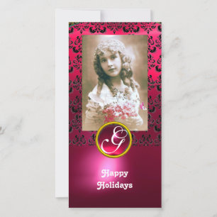 BLACK AND PINK DAMASK Red Ruby Monogramm Feiertagskarte