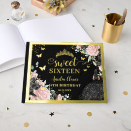 Black and Pink Floral Sweet Sixteen 16th Birthday Gästebuch