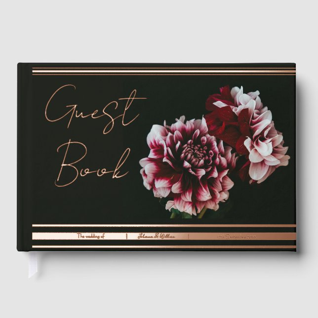 Black and Pink Peonies Wedding Foil Gästebuch (Vorderseite)