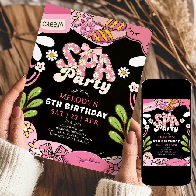Black and Pink Retro Daisy Spa Party Birthday Einladung (Von Creator hochgeladen)