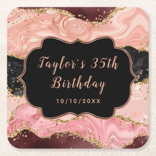 Black and Pink Sequins Agate Birthday Rechteckiger Pappuntersetzer