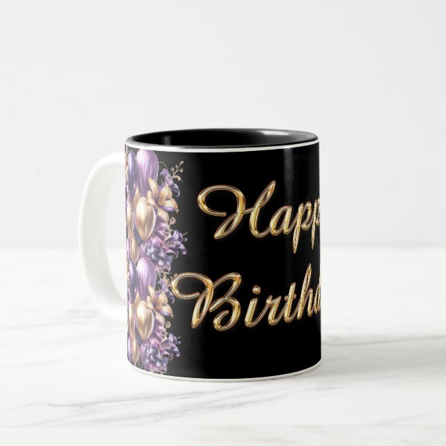 Black and Purple Happy Birthday Zweifarbige Tasse (Vorderseite Links)
