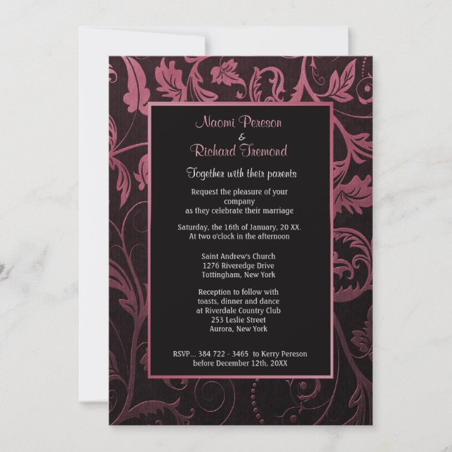 Black and Raspberry Damask Einladung (Vorderseite)