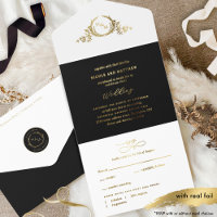 Black and Real Gold Foil Elegantes Monogramm Hochz