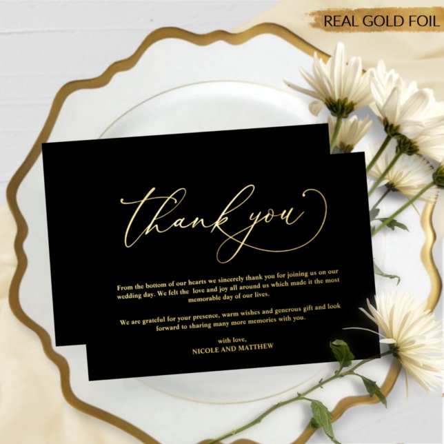 Black and Real Gold Foil, Wedding Dankeschön Card Folieneinladung (Von Creator hochgeladen)