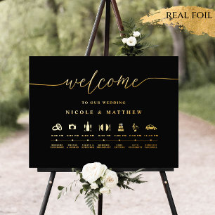 Black and Real Gold Foil Wedding Timeline Sign Foliendrucke