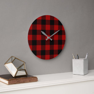 black and red buffalo plaid checked große wanduhr