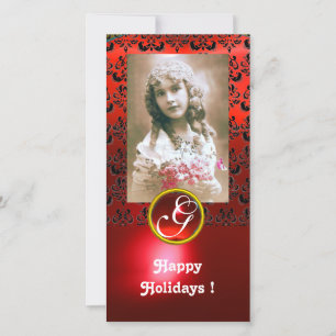 BLACK AND RED DAMASK Ruby Monogram Feiertagskarte