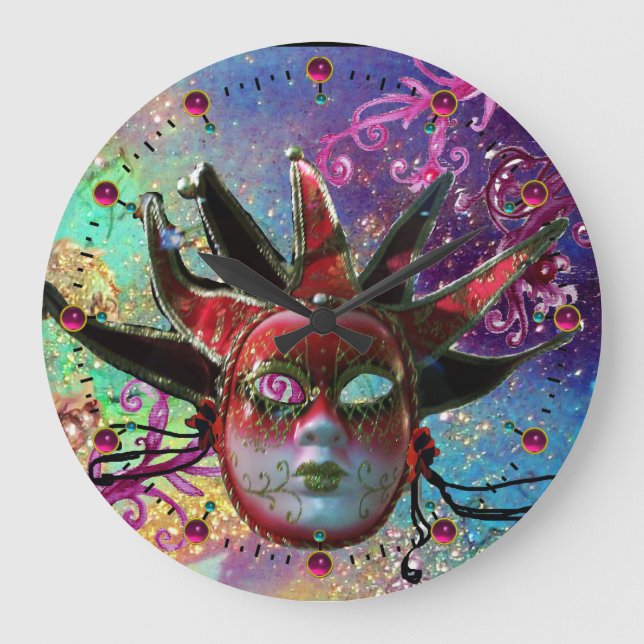 BLACK AND RED JESTER MASK Blue Masquerade Party Große Wanduhr (Vorderseite)
