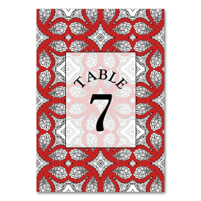Black and Red Mandala Wedding Tischnummer Card (Vorderseite)