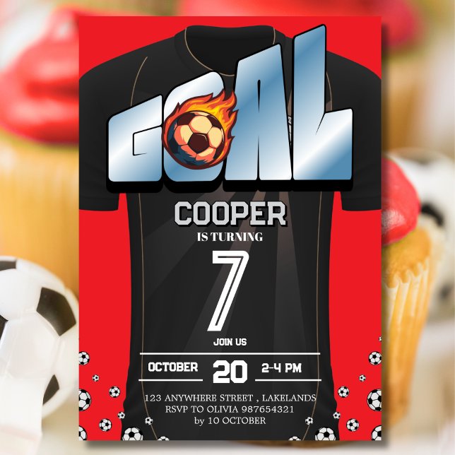 Black and Red Soccer Shirt Birthday Party  Einladung (Von Creator hochgeladen)