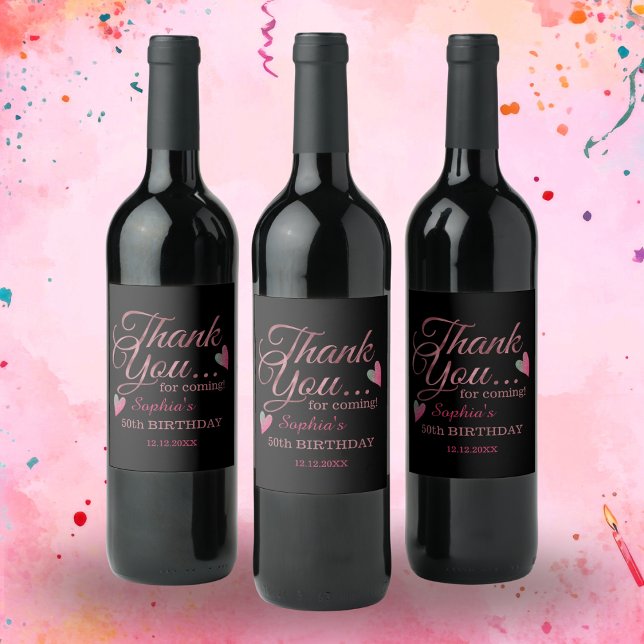 Black And Rose Gold 50th Birthday Thank You  Weinetikett (Von Creator hochgeladen)