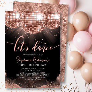 Black and Rose Gold Disco Ball 40. Geburtstag Part Einladung