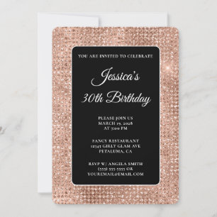 Black and Rose Gold Disco Glitzer 30. Geburtstag Einladung