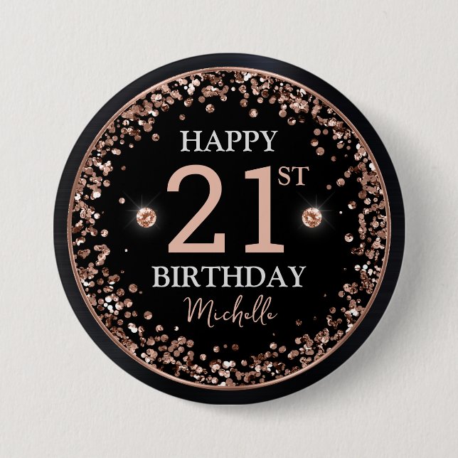 Black and Rose Gold Glitzer Confetti Geburtstag Button (Vorderseite)