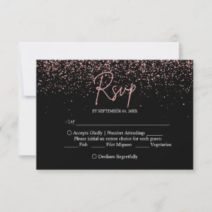 Black and Rose Gold Glitzer Wedding RSVP Karte
