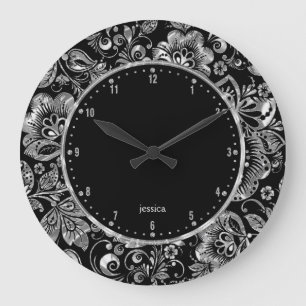 Black And Shiny Silver Floral Damasks Große Wanduhr