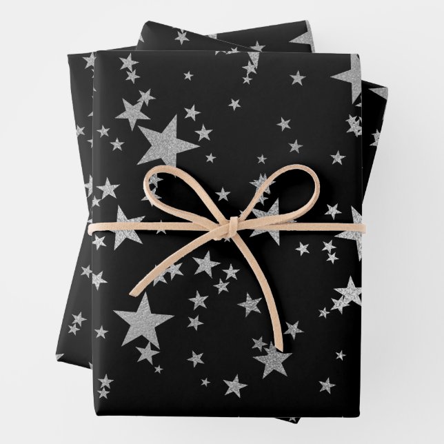 Black and Silver Celestial Star Wrapping Paper Geschenkpapier Set (Beispiel)
