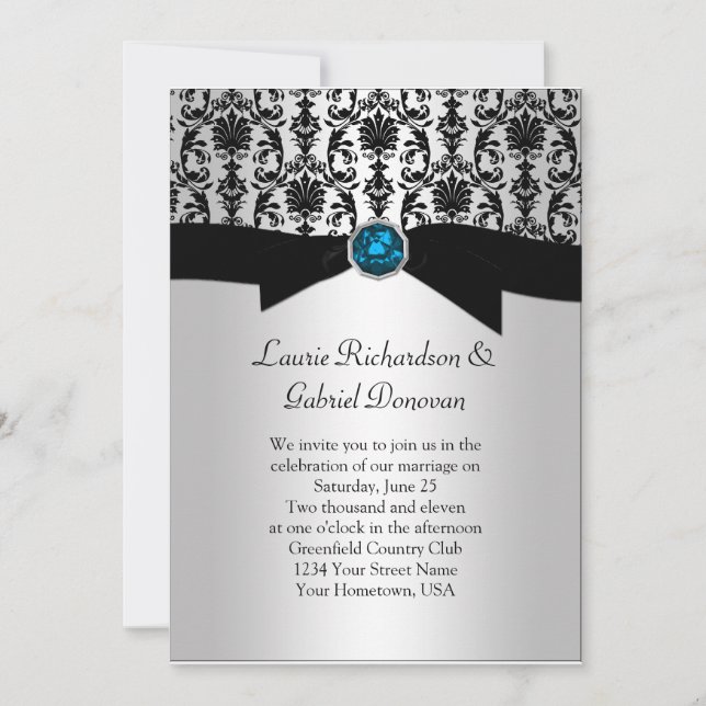 Black and Silver Damask Blue Jewel Wedding Invit Einladung (Vorderseite)
