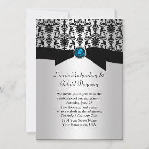 Black and Silver Damask Blue Jewel Wedding Invit Einladung