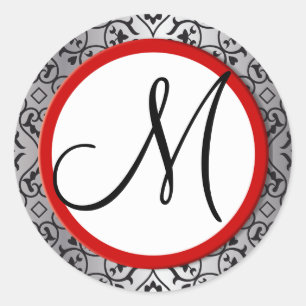 Black and Silver Damask Red Trim Wedding Siegel Runder Aufkleber