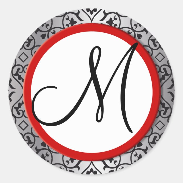 Black and Silver Damask Red Trim Wedding Siegel Runder Aufkleber (Vorderseite)