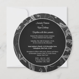 Black and Silver Damask Wedding Round Einladung