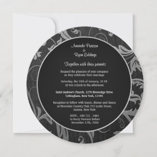 Black and Silver Damask Wedding Round Einladung