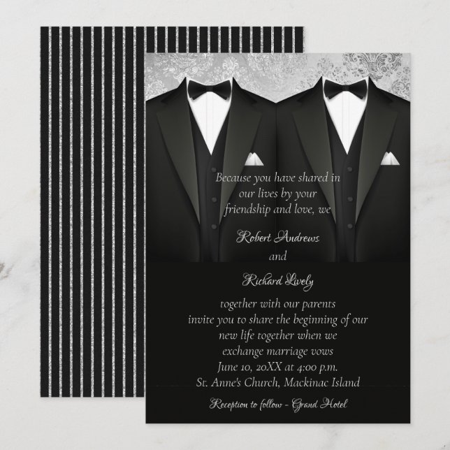 Black and Silver Gay Tuxedo Hochzeit Einladung (Vorne/Hinten)