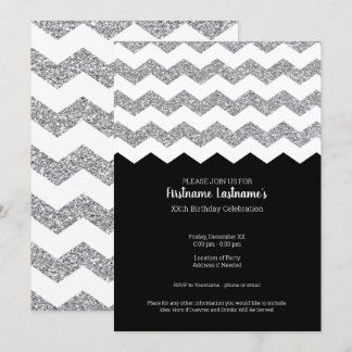 Black and Silver Glitzer Chevrons Geburtstagsparty Einladung