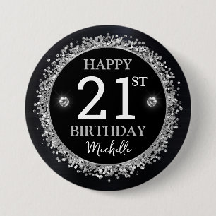 Black and Silver Glitzer Confetti Birthday Button