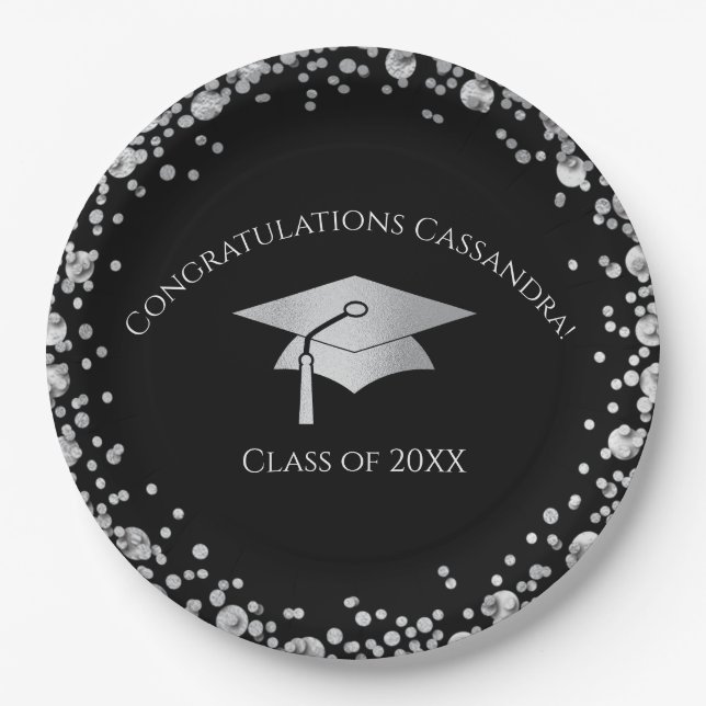 Black and Silver Graduation Pappteller (Vorderseite)