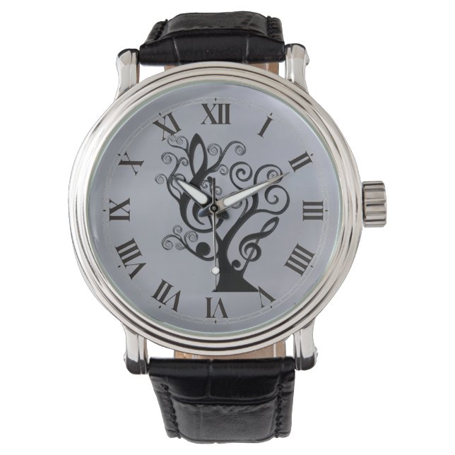 Black and Silver Music Treble Clef Tree Watch Armbanduhr (Vorderseite)
