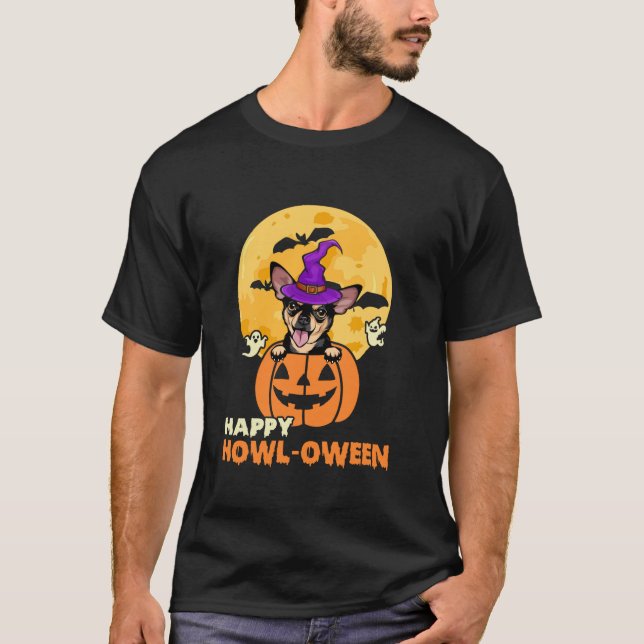 Black and Tan Chihuahua Hexenhund Happy Halloween T-Shirt (Vorderseite)
