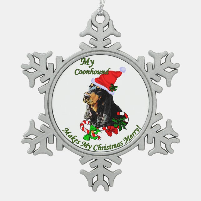 Black and Tan Coonhound Weihnachten Schneeflocken Zinn-Ornament (Vorderseite)