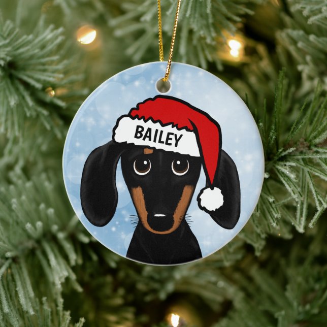 Black and Tan Dackel Santa Dog Individuelle Name Keramik Ornament (Baum)