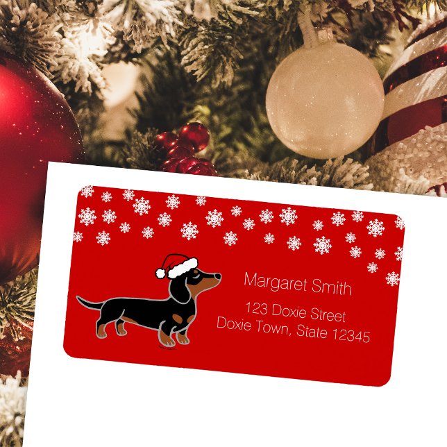 Black and Tan Dackel Weihnachtsgebäck Adressaufkleber (Black and Tan Smooth Haired Haired Dachshund posing Christmas Return Address Labels for Dachshund )
