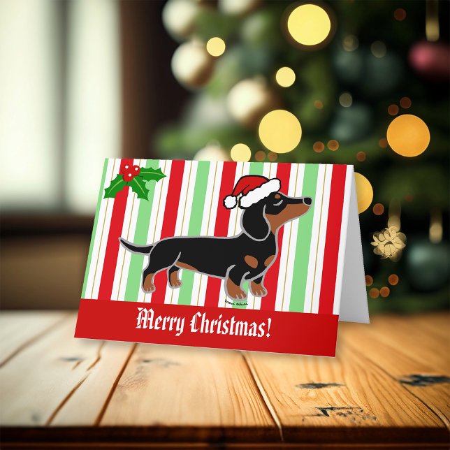 Black and Tan Dackel Weihnachtsgebäck Feiertagskarte (Black and Tan Smooth Haired Santa Posing Christmas Cards for Dachshund Owners.  Cartoon Design.)