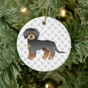 Black and Tan Mini Goldendoodle Cartoon Dog & Text Keramik Ornament